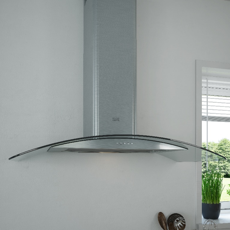 Hota curba din otel si sticla, 90 cm, clasa energetica C 