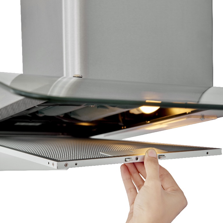 Hota curba din otel si sticla, 90 cm, clasa energetica C 