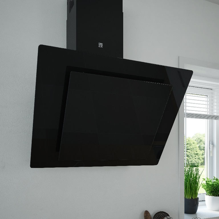 Hota decorativa, 60 cm, sticla neagra, 650 mc/ora, 64 dB, filtru din aluminiu