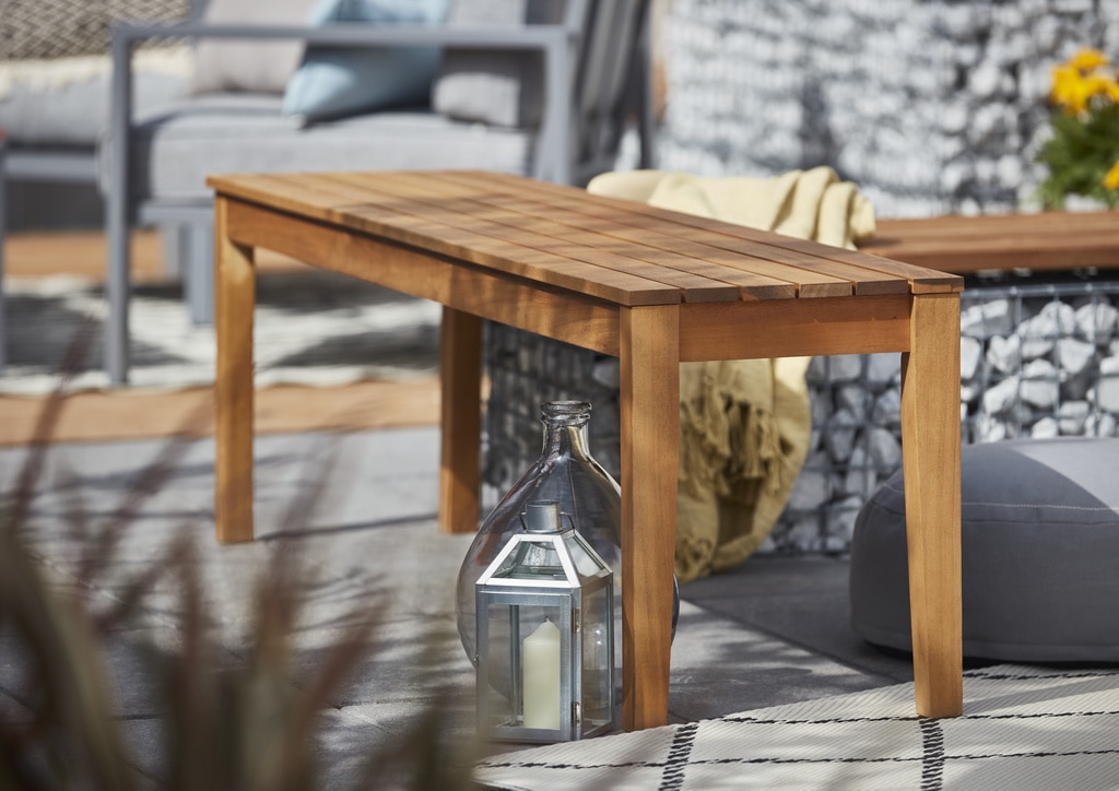 Banca fara spatar pentru gradina, maro, lemn, 160 x 35.5 x 44 cm • Blooma Denia