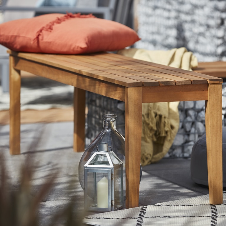 Banca fara spatar pentru gradina, maro, lemn, 160 x 35.5 x 44 cm • Blooma Denia