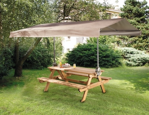 Set mobilier gradina/terasa/berarie, culoare maro, lemn, 6 persoane, masa + 2 banci  Blooma Agad