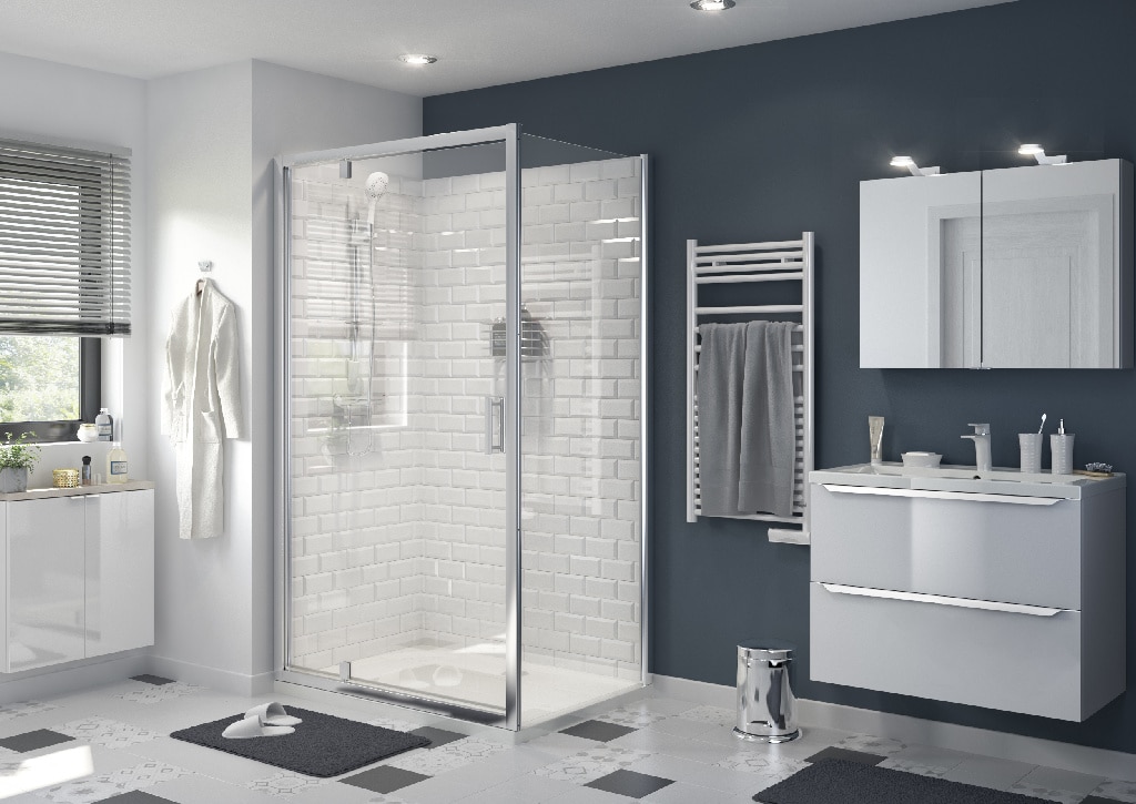 Usa dus pivotanta GoodHome Beloya, aluminiu, sticla securizata 8mm, 120 x 195 cm, crom