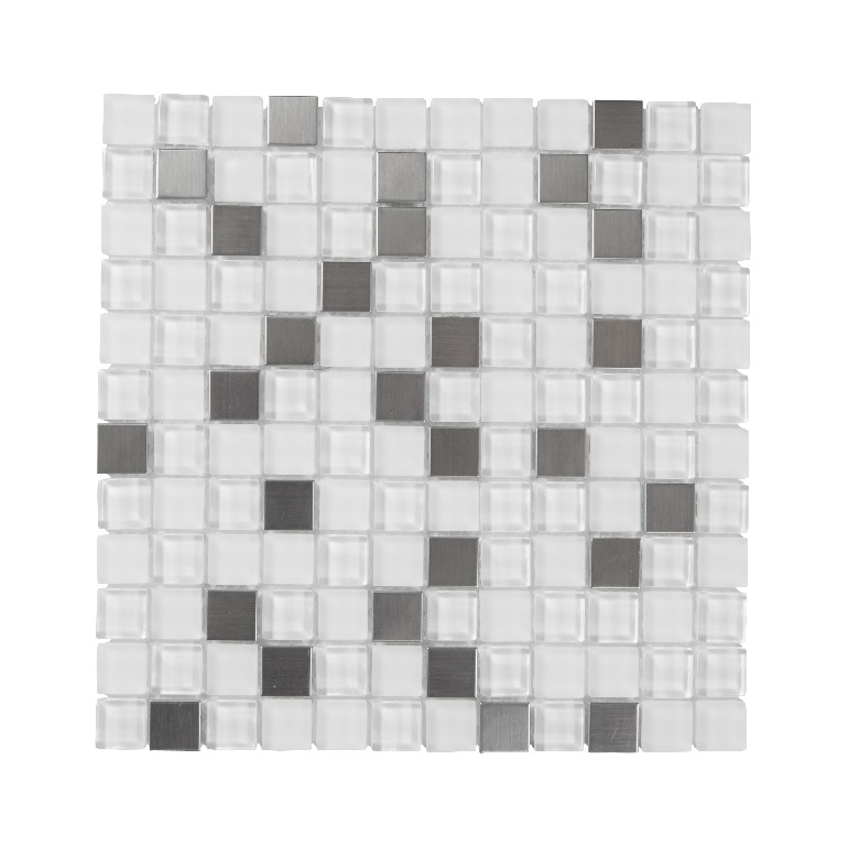 Mozaic interior, alb, sticla si otel inoxidabil, patrata, 30 x 30 cm x 8 mm  GoodHome Prate