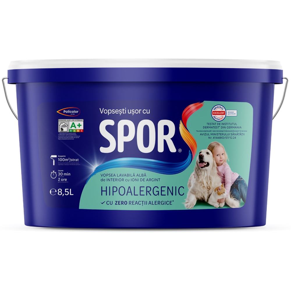 Vopsea lavabila SPOR, interior, alb, 8.5 l