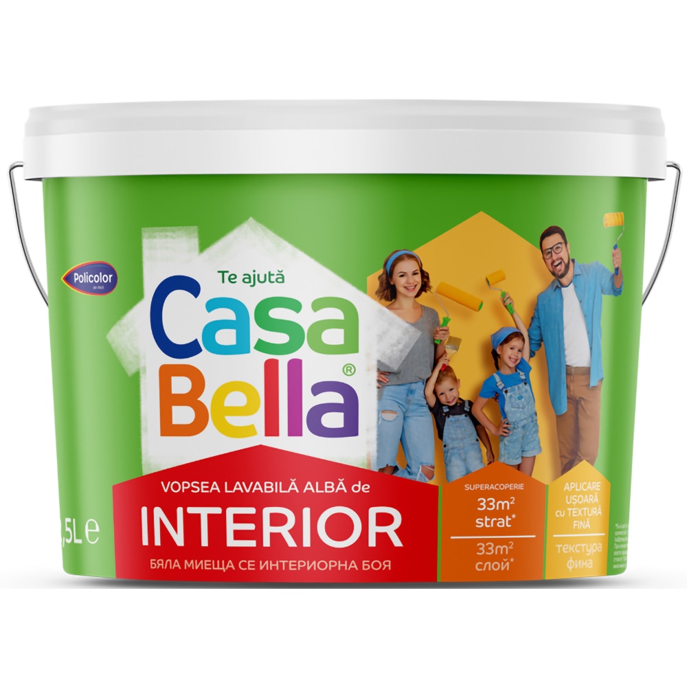 Vopsea lavabila CasaBella, interior, alb, 2.5 l
