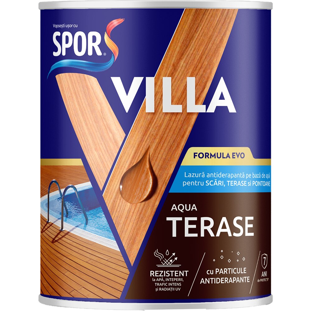 Lazura antiderapanta pe baza de apa pentru terase Spor Villa, incolor, 2.5L