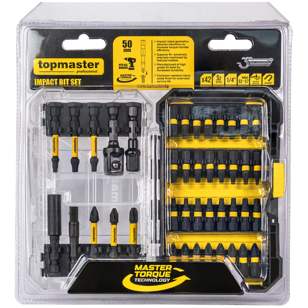 Set biti magnetici de impact cu suport TOPMASTER, 1/4", 42 buc