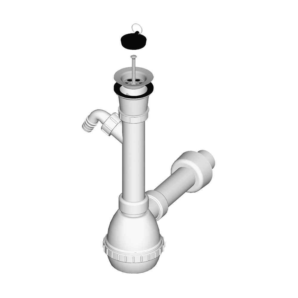 Sifon chiuveta de tip H cu ventil, D70, RMS, racord pentru masina de spalat vase