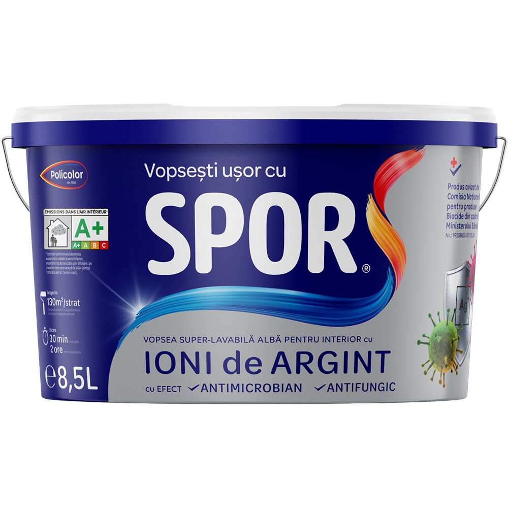 Vopsea lavabila SPOR, alb, 8.5 L