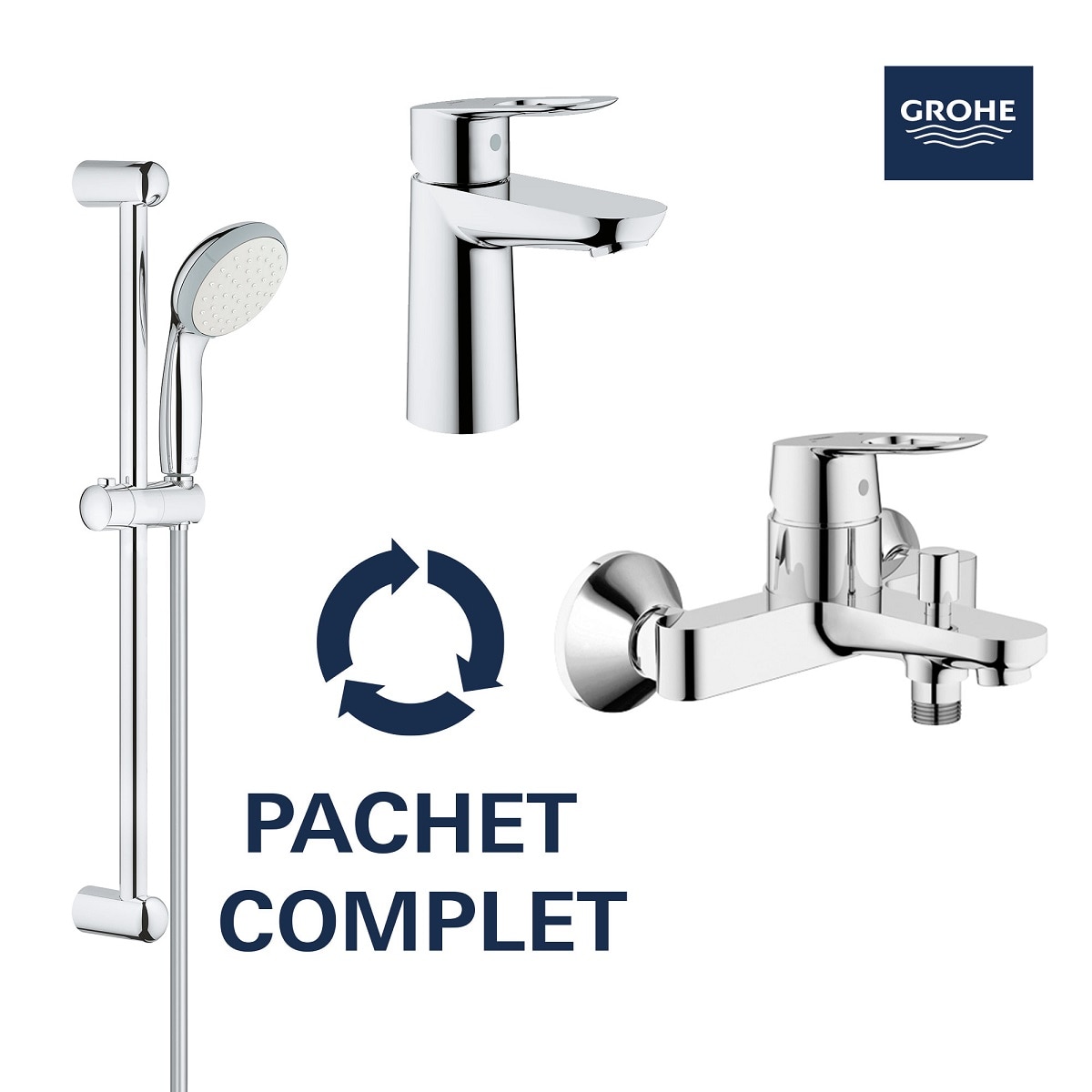 Set 3 baterii Grohe: bateria lavoar, cada, set dus si racord 1/2