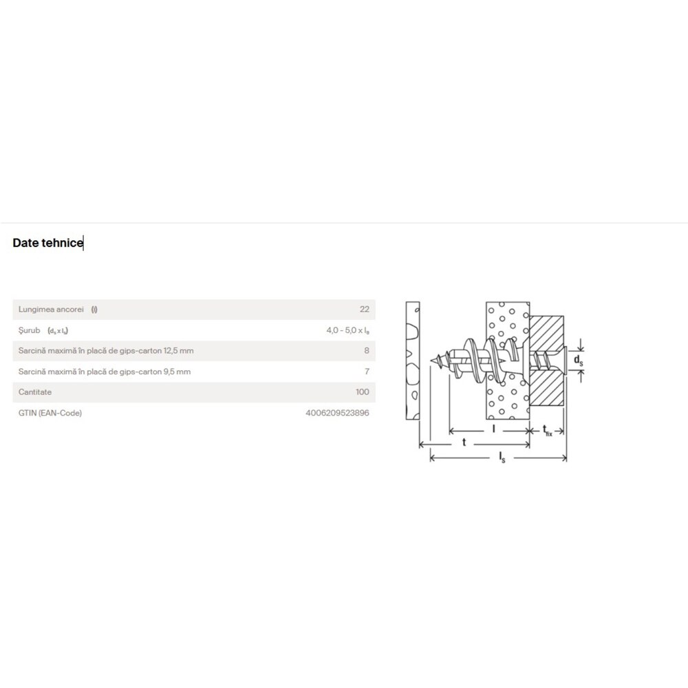 Diblu gips FISCHER GK, 12 x 22mm, 100buc