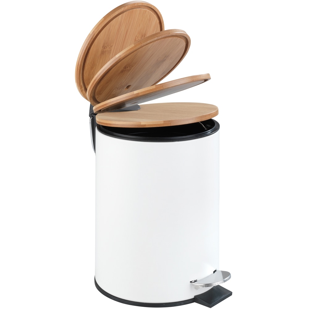 Cos gunoi pentru baie WENKO Tortona, 3 l, rotund, inox/bambus, alb-maro