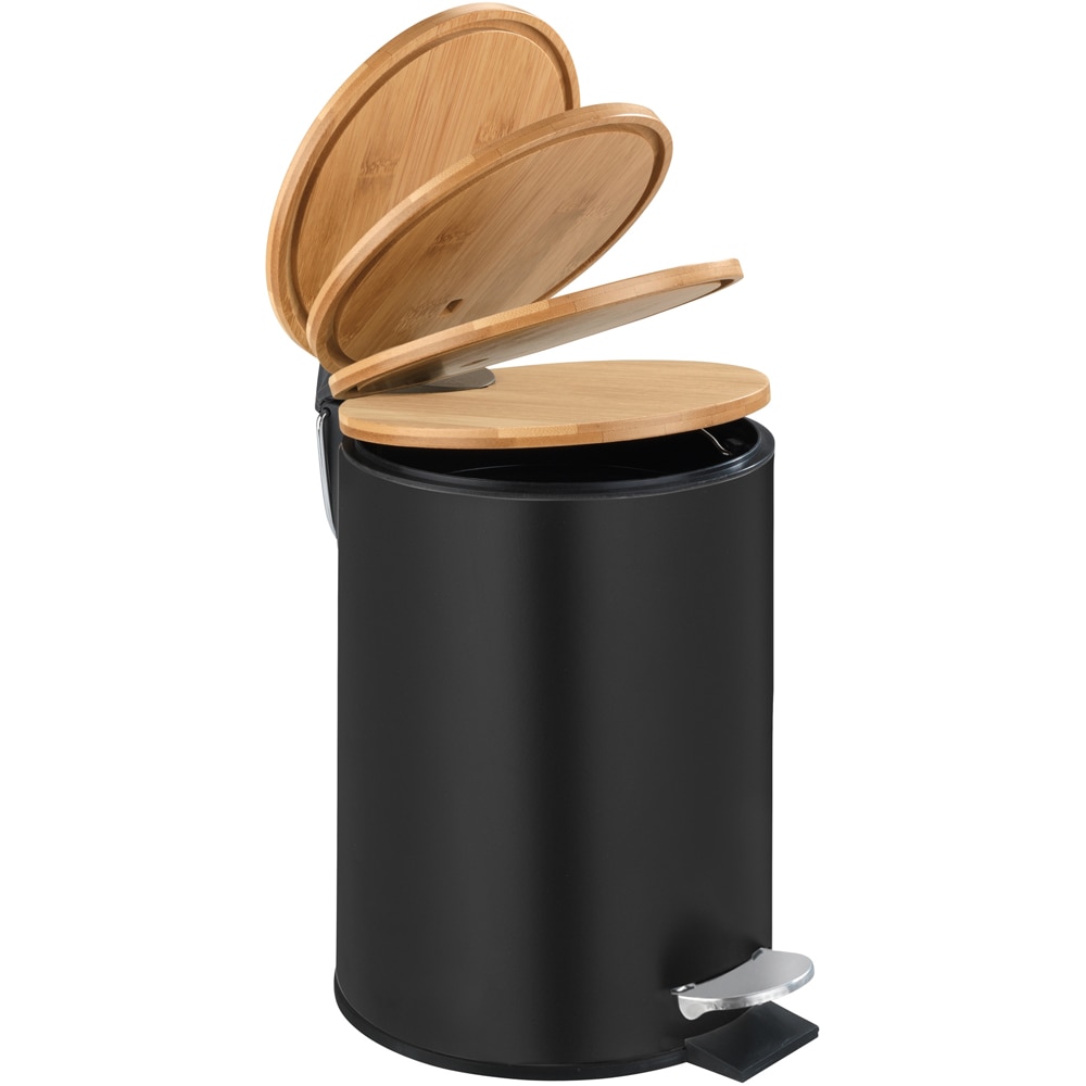 Cos gunoi pentru baie WENKO Tortona, 3 l, rotund, inox/bambus, negru-maro