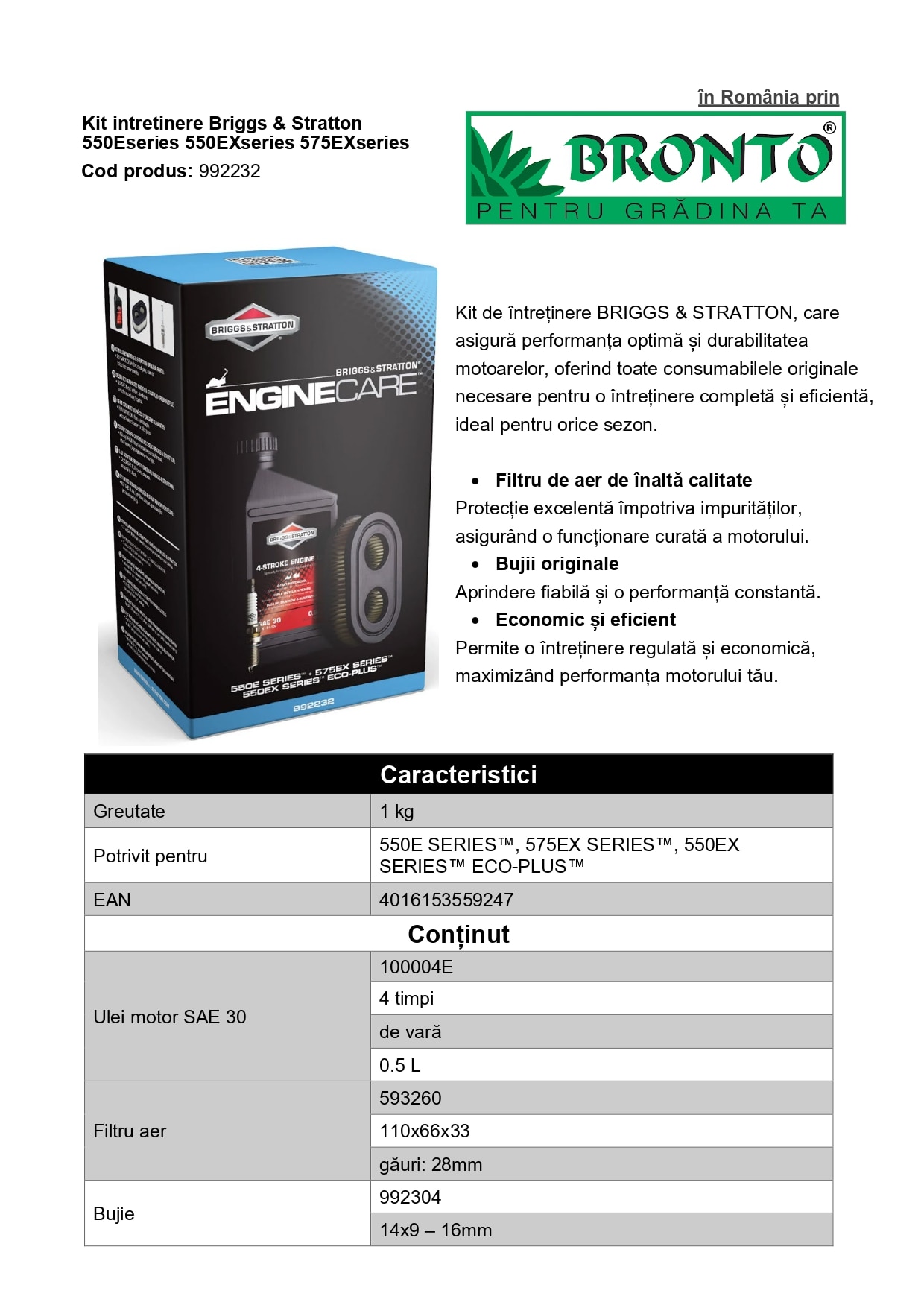 Kit ingrijire motor BRIGGS & STRATTON, ulei motor SAE 30, filtru aer, bujie, 550E, 550EX, 575EX