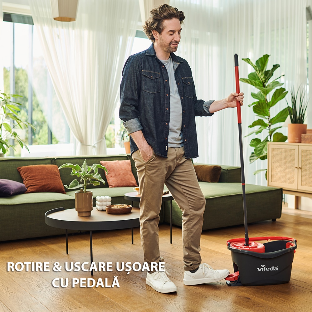 Set galeata cu storcator + mop + maner VILEDA Easy Wring & Clean Turbo, rosu-negru