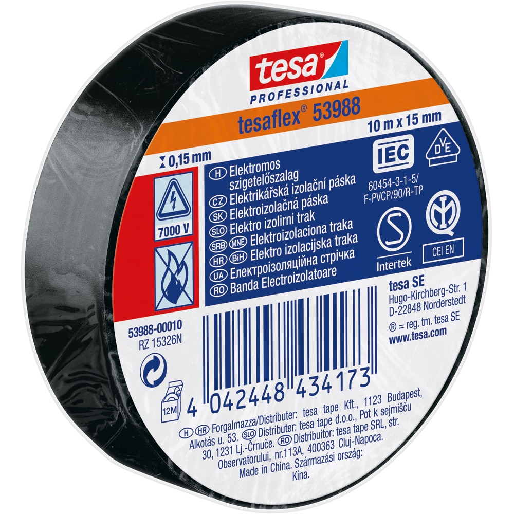 Banda izolatoare electrica TESA, 15 mm x 10 m, negru