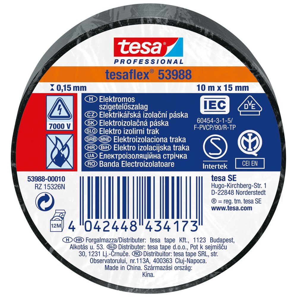 Banda izolatoare electrica TESA, 15 mm x 10 m, negru