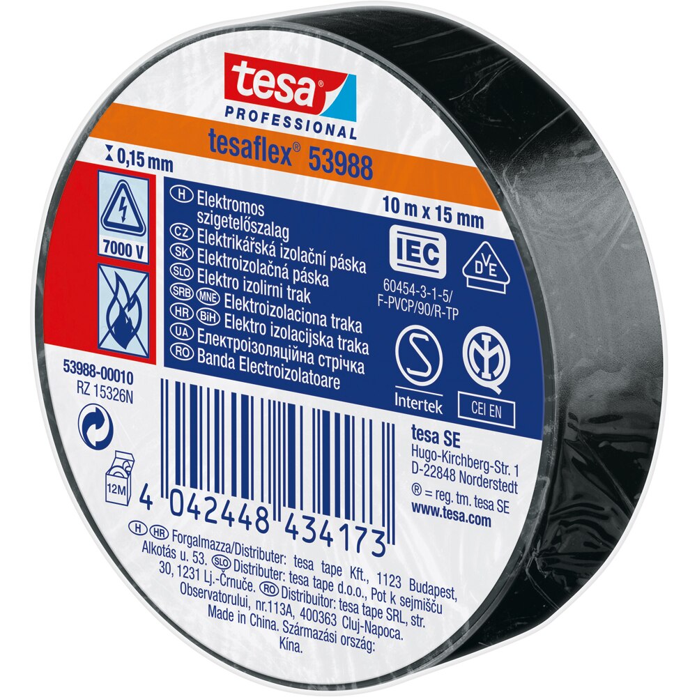Banda izolatoare electrica TESA, 15 mm x 10 m, negru