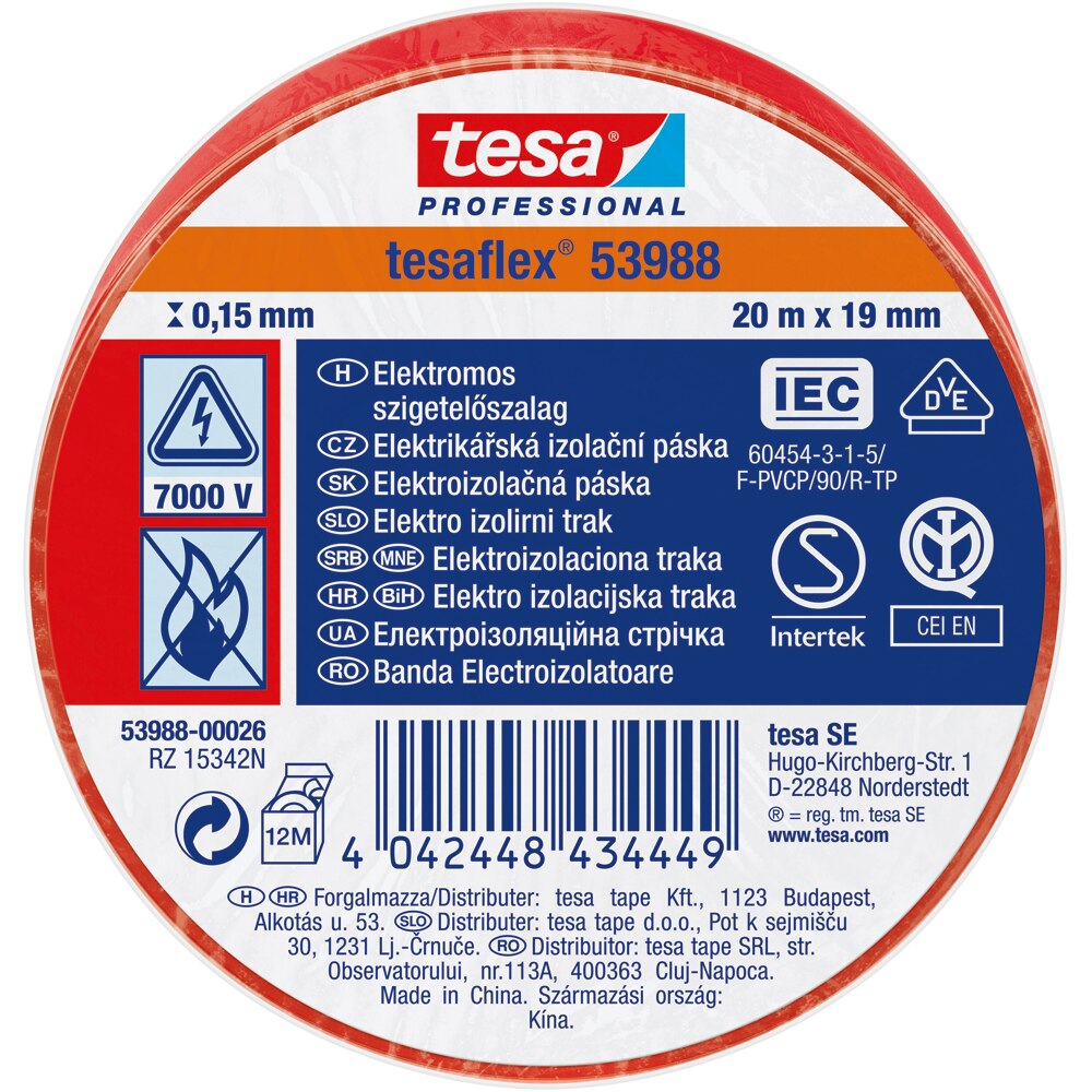 Banda izolatoare electrica TESA, 19 mm x 20 m, rosu