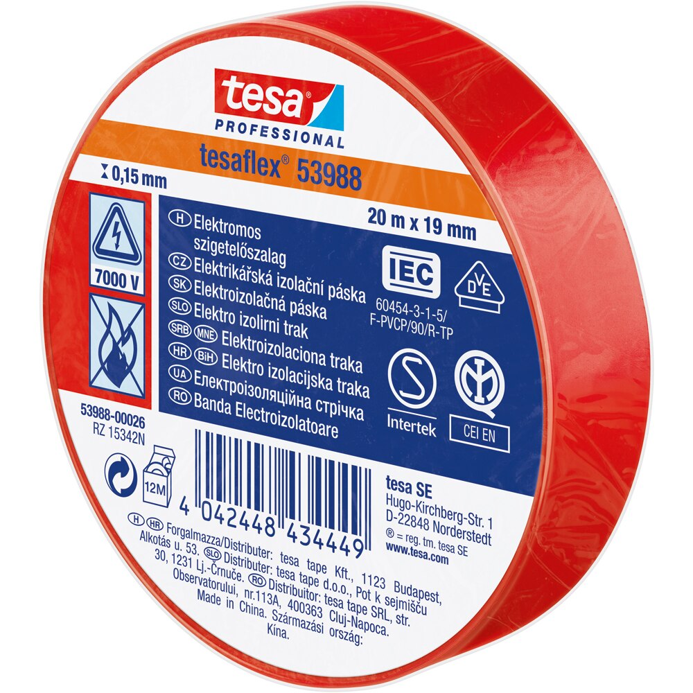 Banda izolatoare electrica TESA, 19 mm x 20 m, rosu
