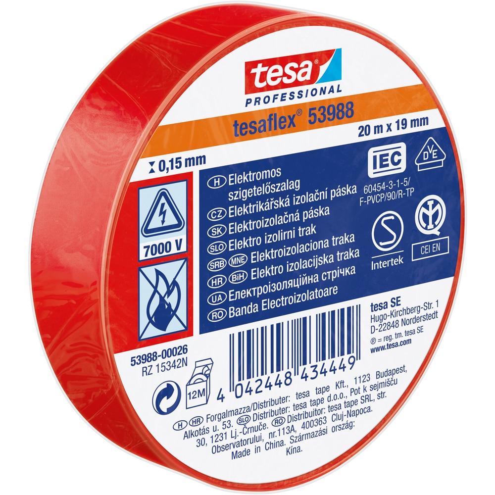 Banda izolatoare electrica TESA, 19 mm x 20 m, rosu