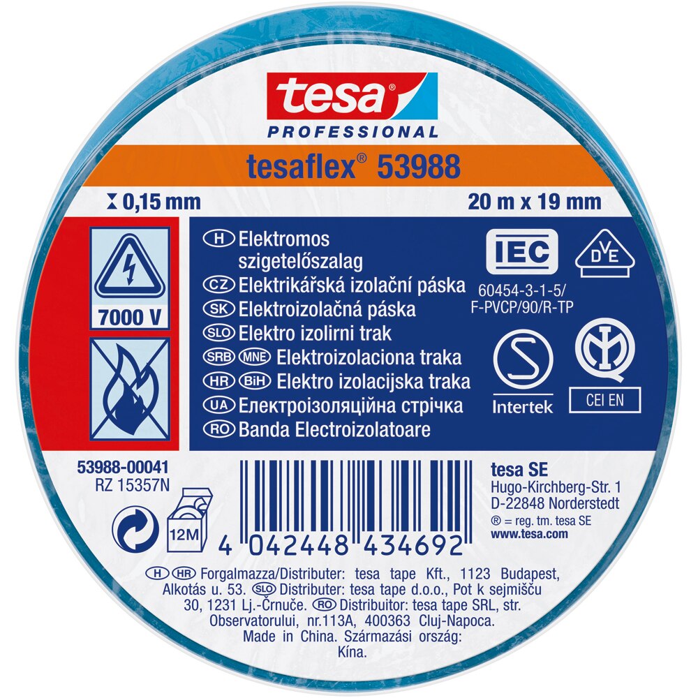 Banda izolatoare electrica TESA, 19 mm x 20 m, albastru