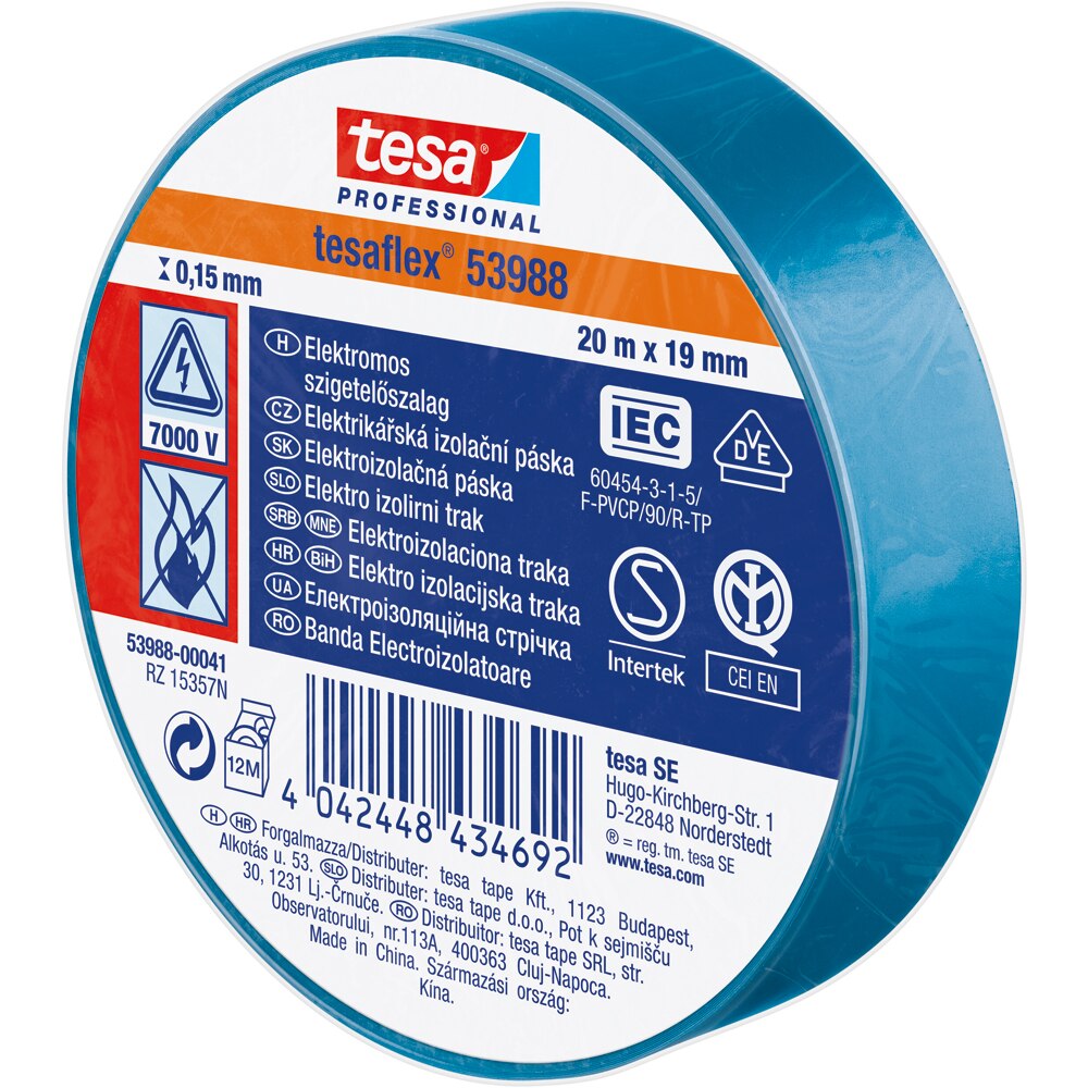 Banda izolatoare electrica TESA, 19 mm x 20 m, albastru