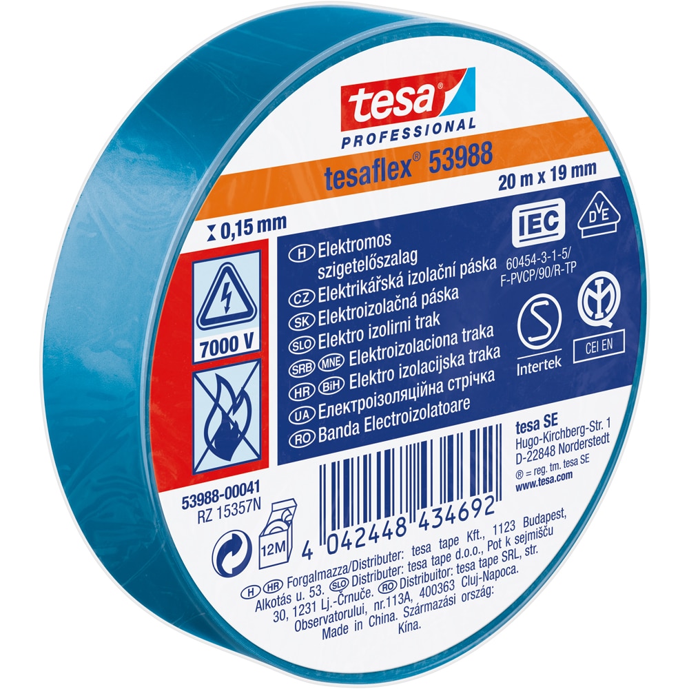 Banda izolatoare electrica TESA, 19 mm x 20 m, albastru