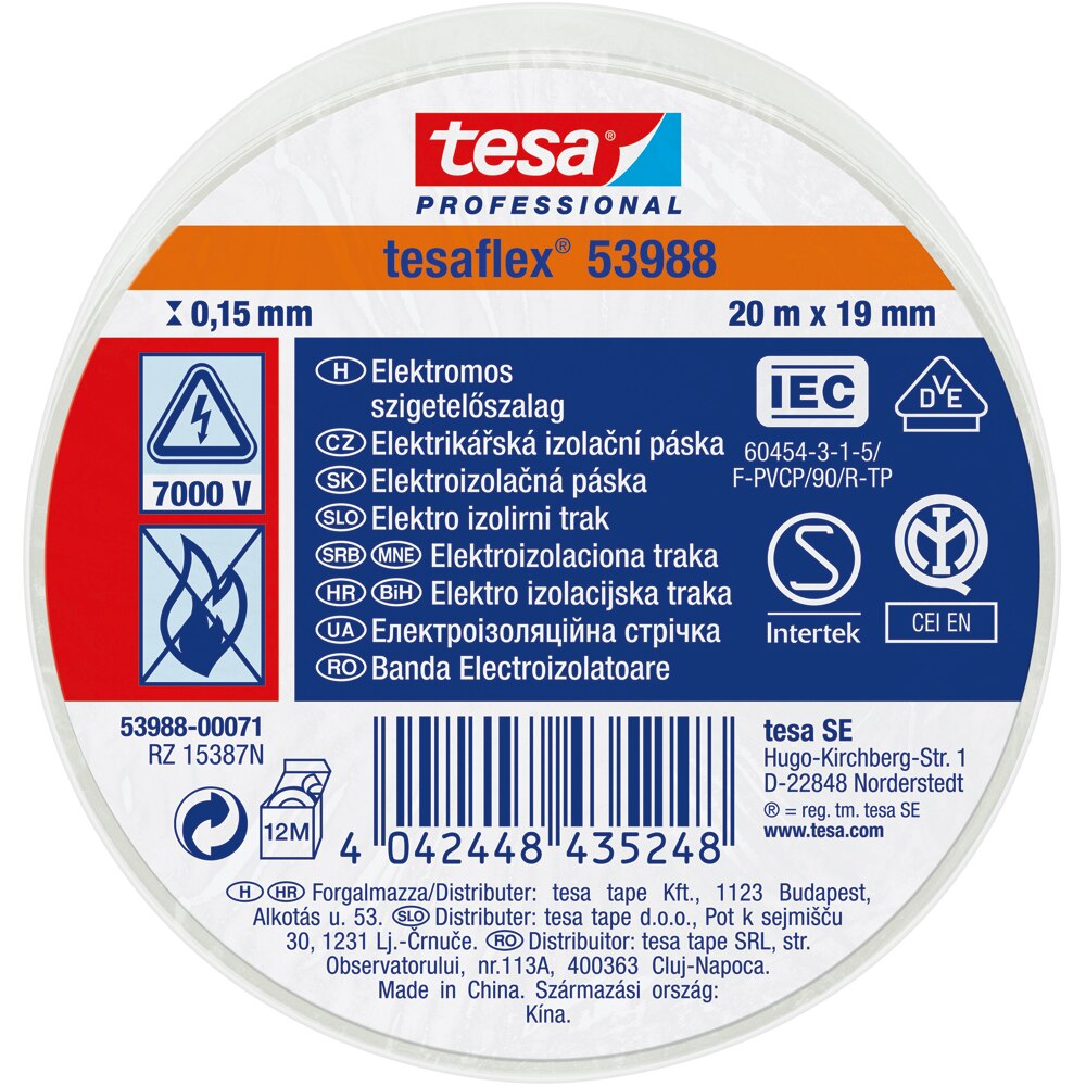 Banda izolatoare electrica TESA, 19 mm x 20 m, alb