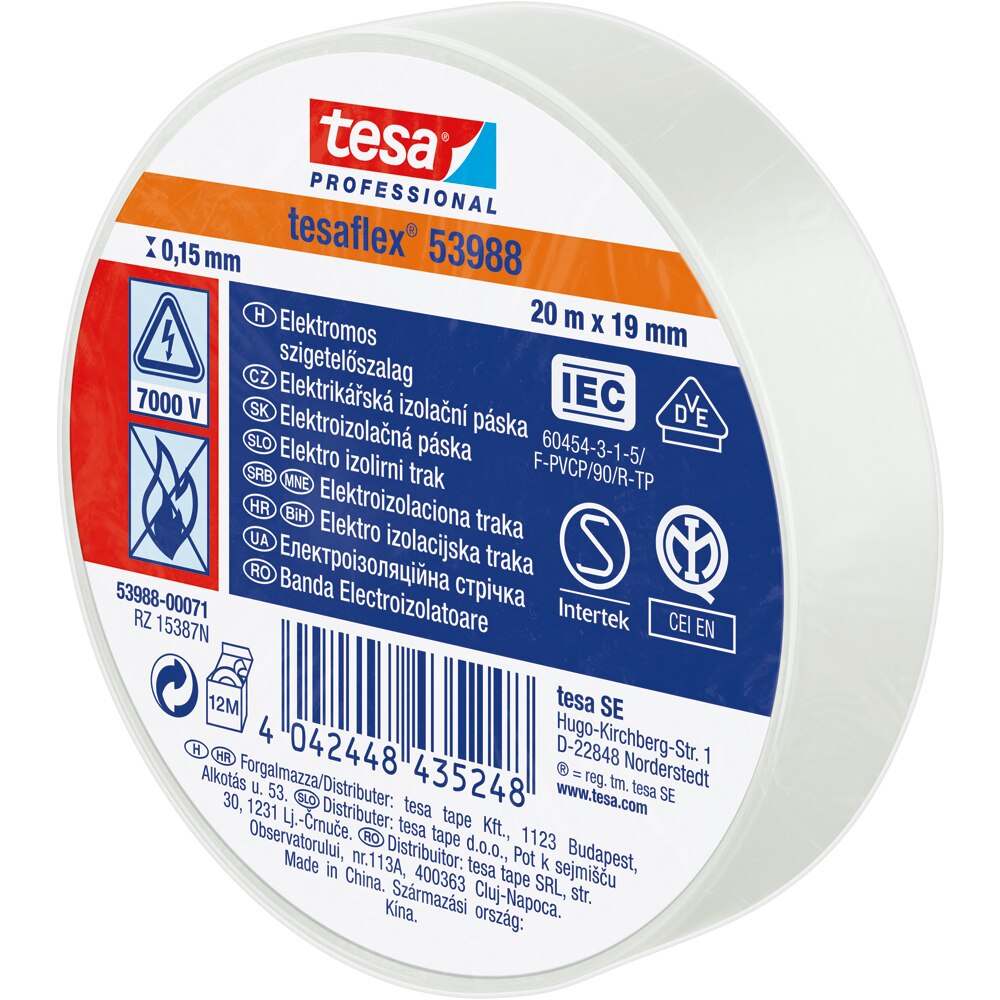 Banda izolatoare electrica TESA, 19 mm x 20 m, alb
