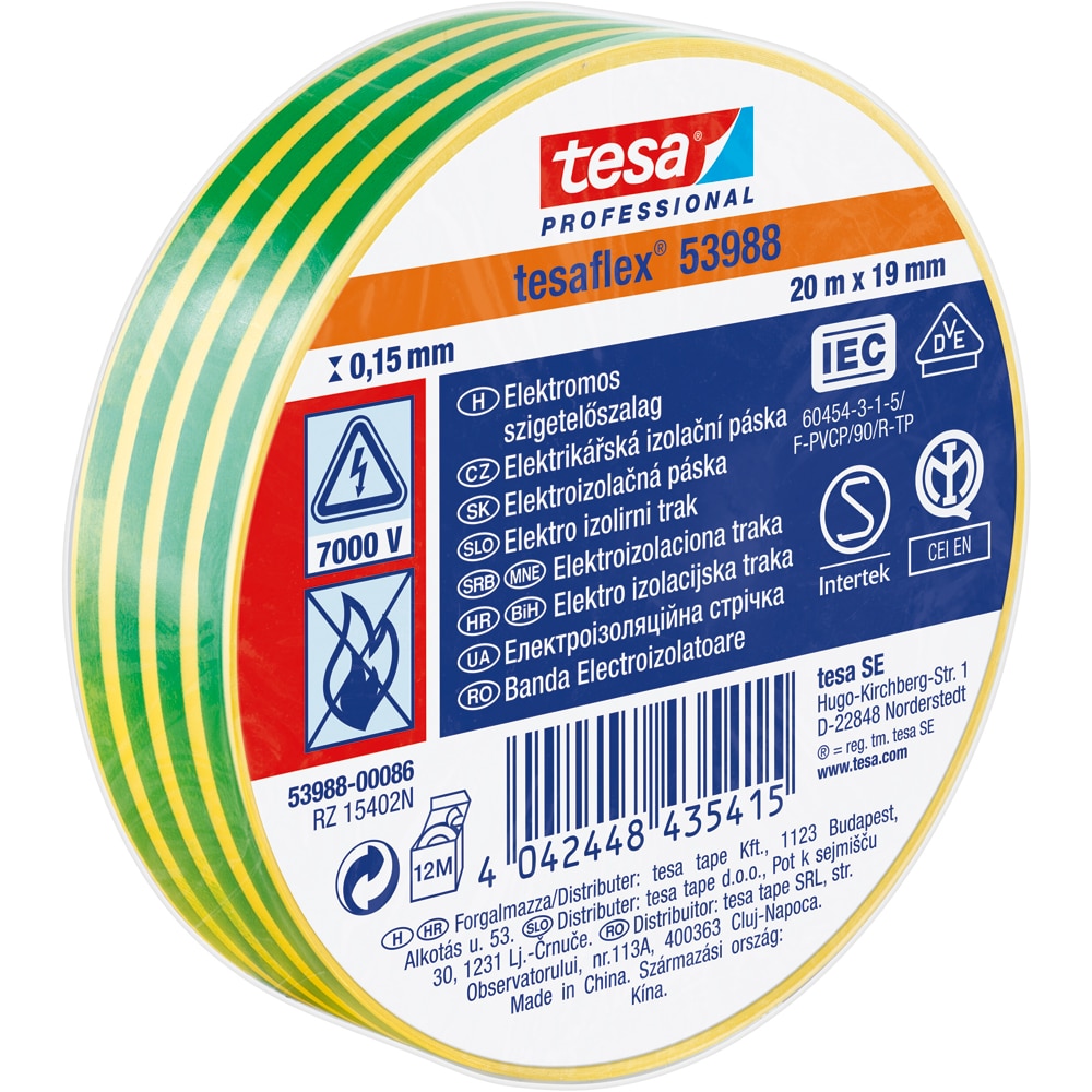 Banda izolatoare electrica TESA, 19 mm x 20 m, galben
