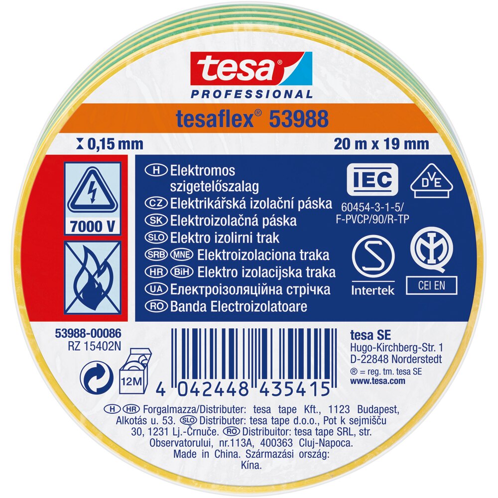 Banda izolatoare electrica TESA, 19 mm x 20 m, galben
