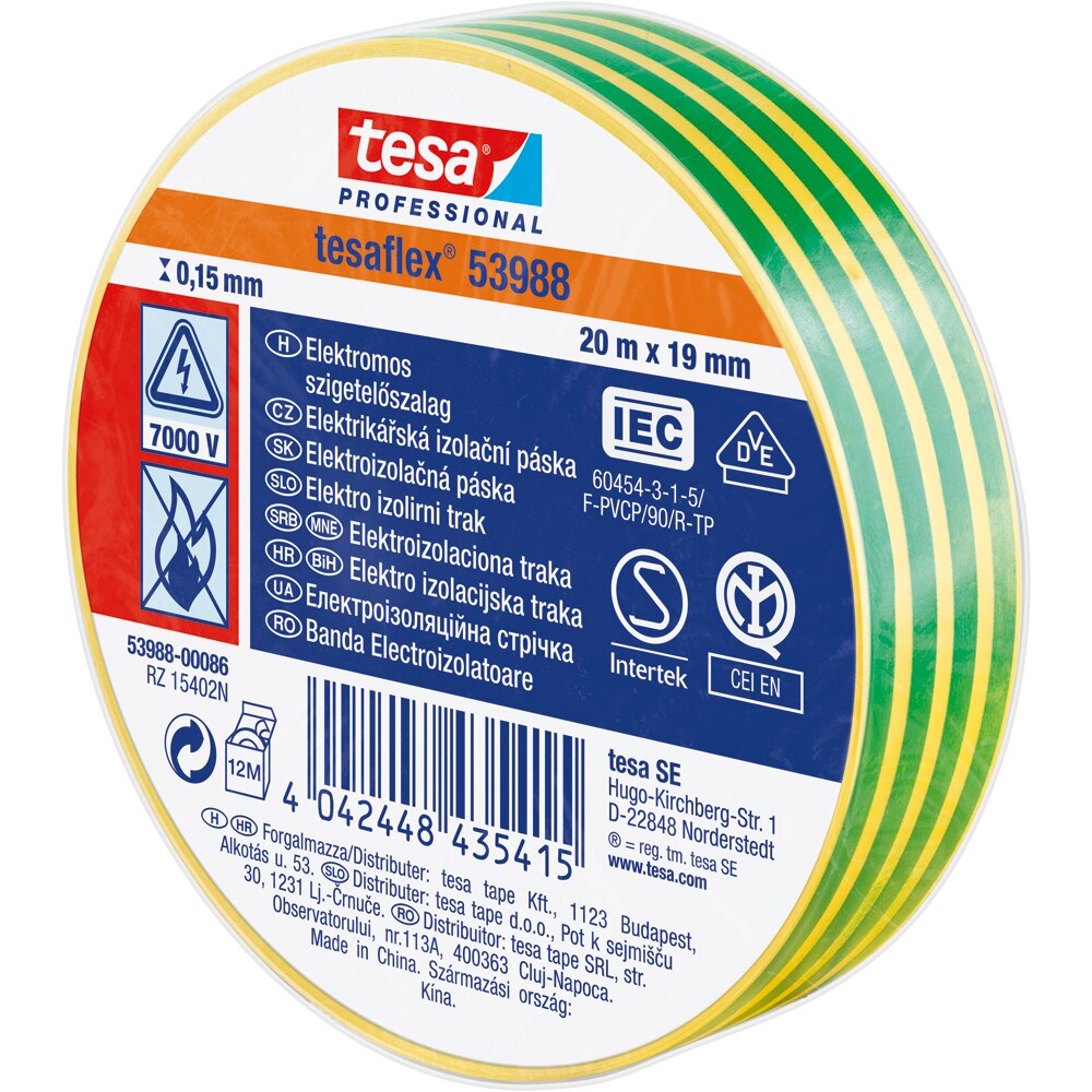 Banda izolatoare electrica TESA, 19 mm x 20 m, galben