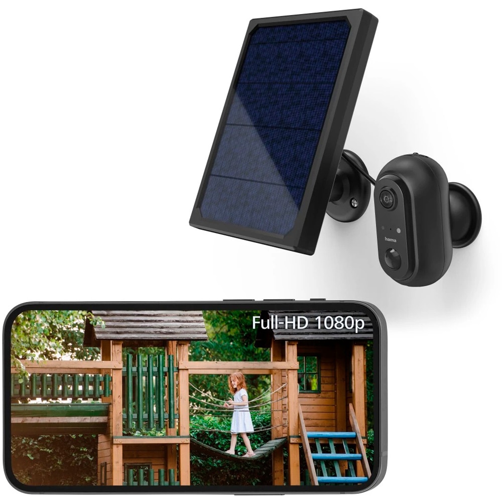 Camera IP Wireless exterior HAMA 176615, Full HD 1080p, Night Vision, baterie solara, negru