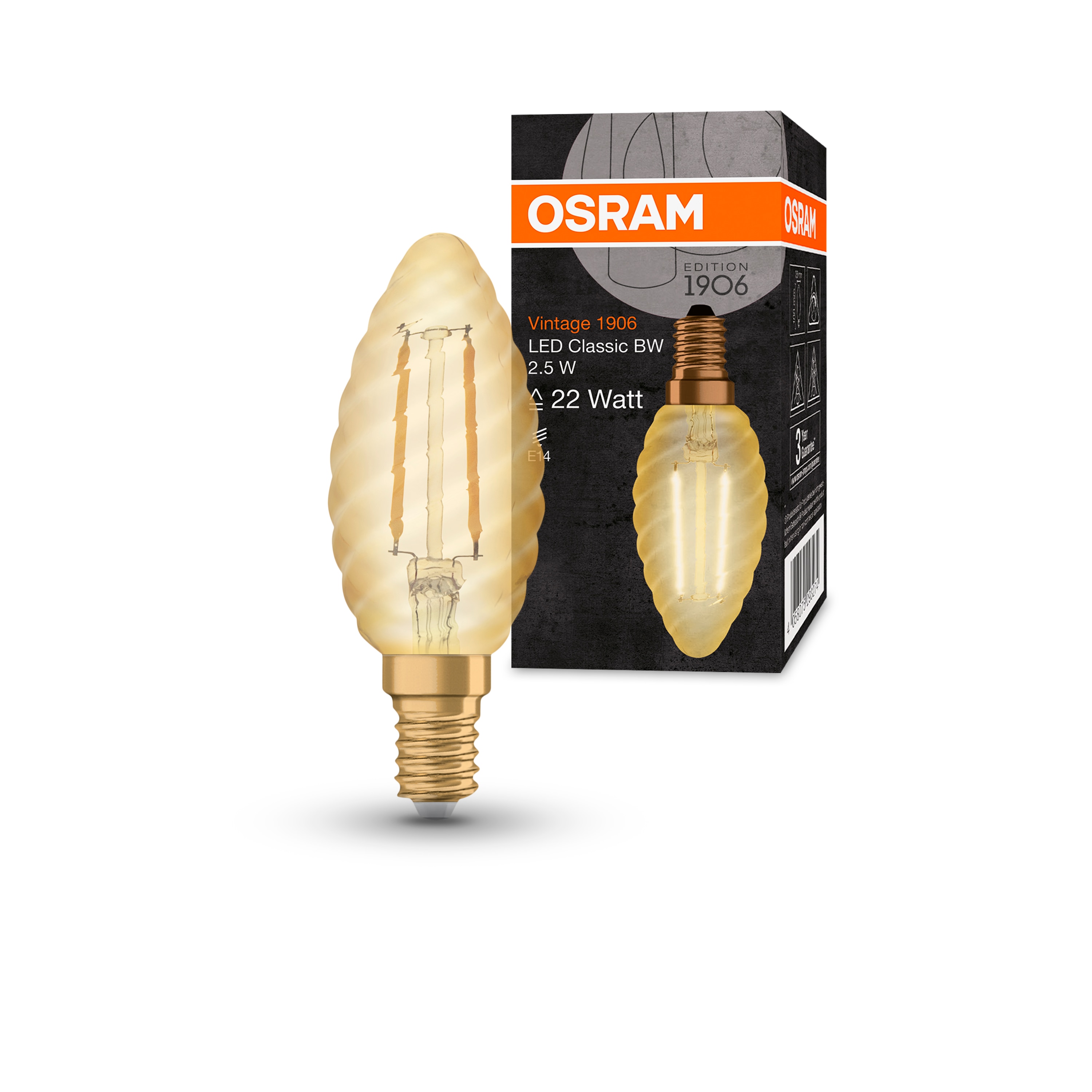 Bec LED decorativ, Osram, E14, 2.5W, 2400K, BW35, auriu
