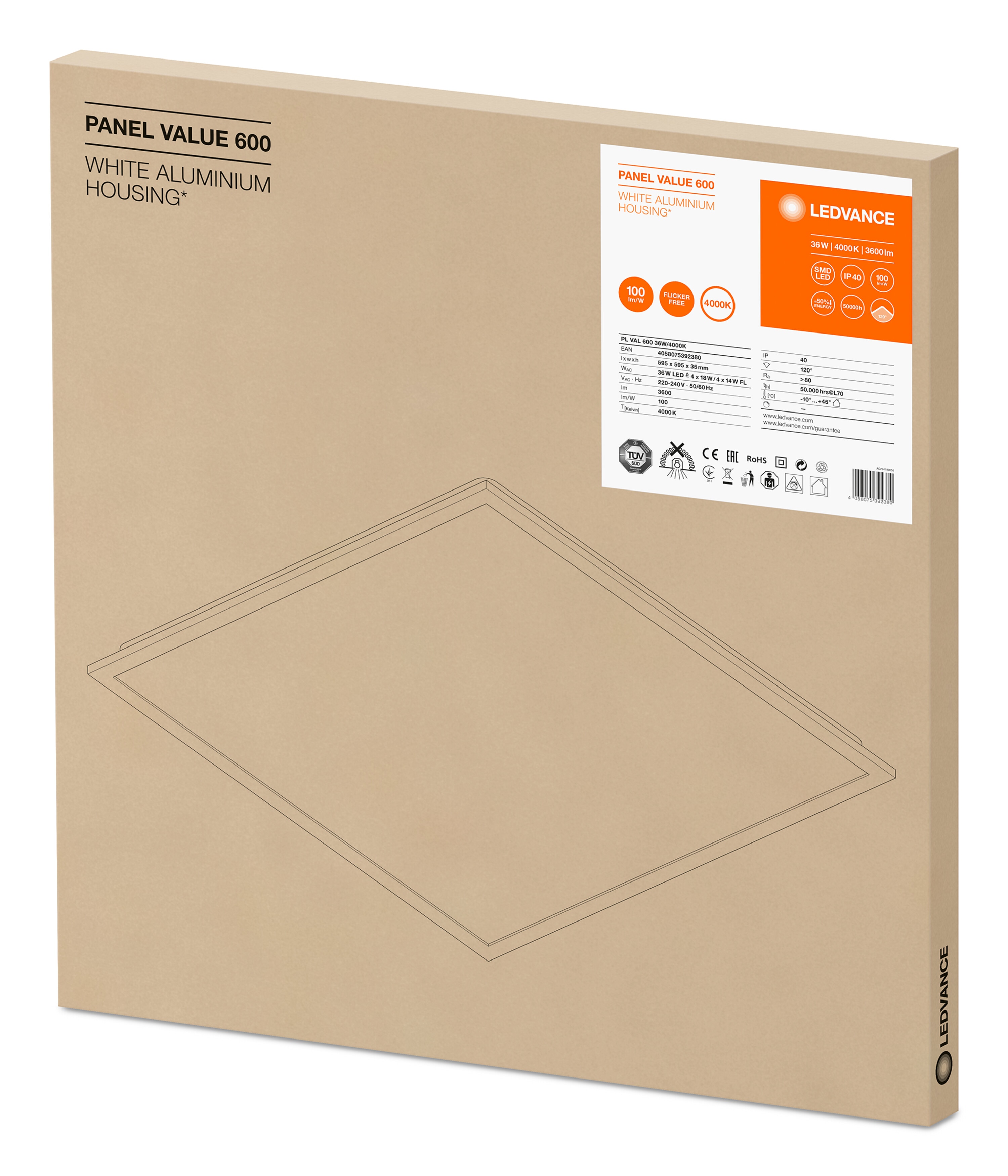 Aplica LED, alba, patrata 36 W, 4000 K, 59.5 cm   Ledvance