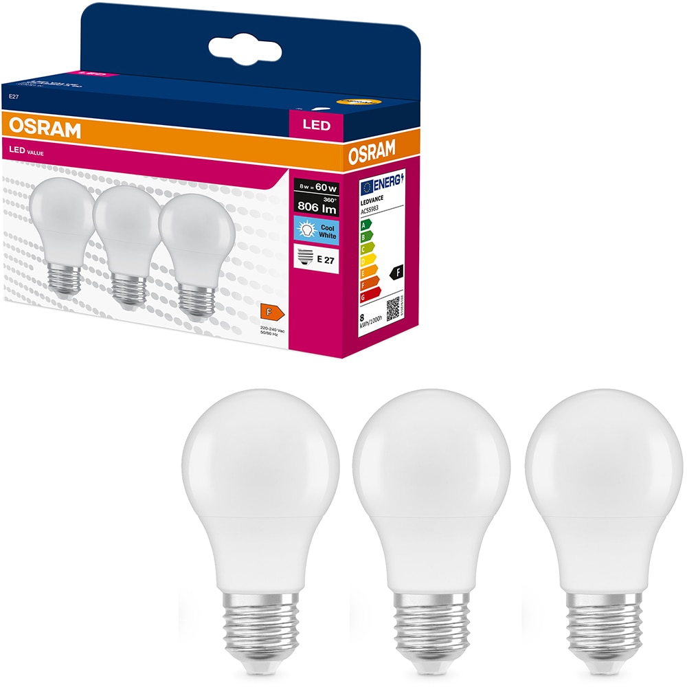 Set 3 becuri LED OSRAM 4058075476073, E27, 8W, 806lm, 4000K