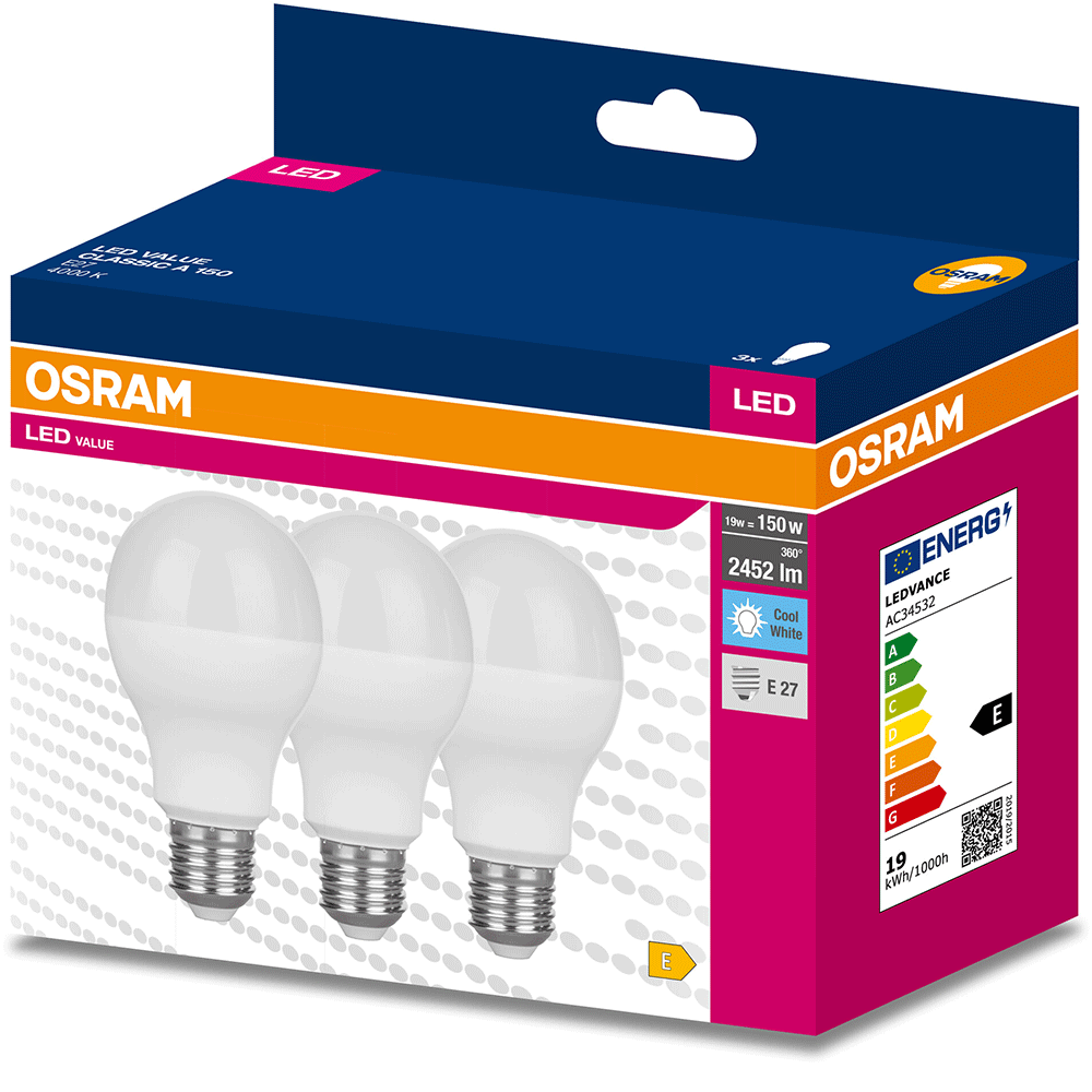 Set 3 becuri LED OSRAM, E27, 19W, 2452lm, lumina neutra