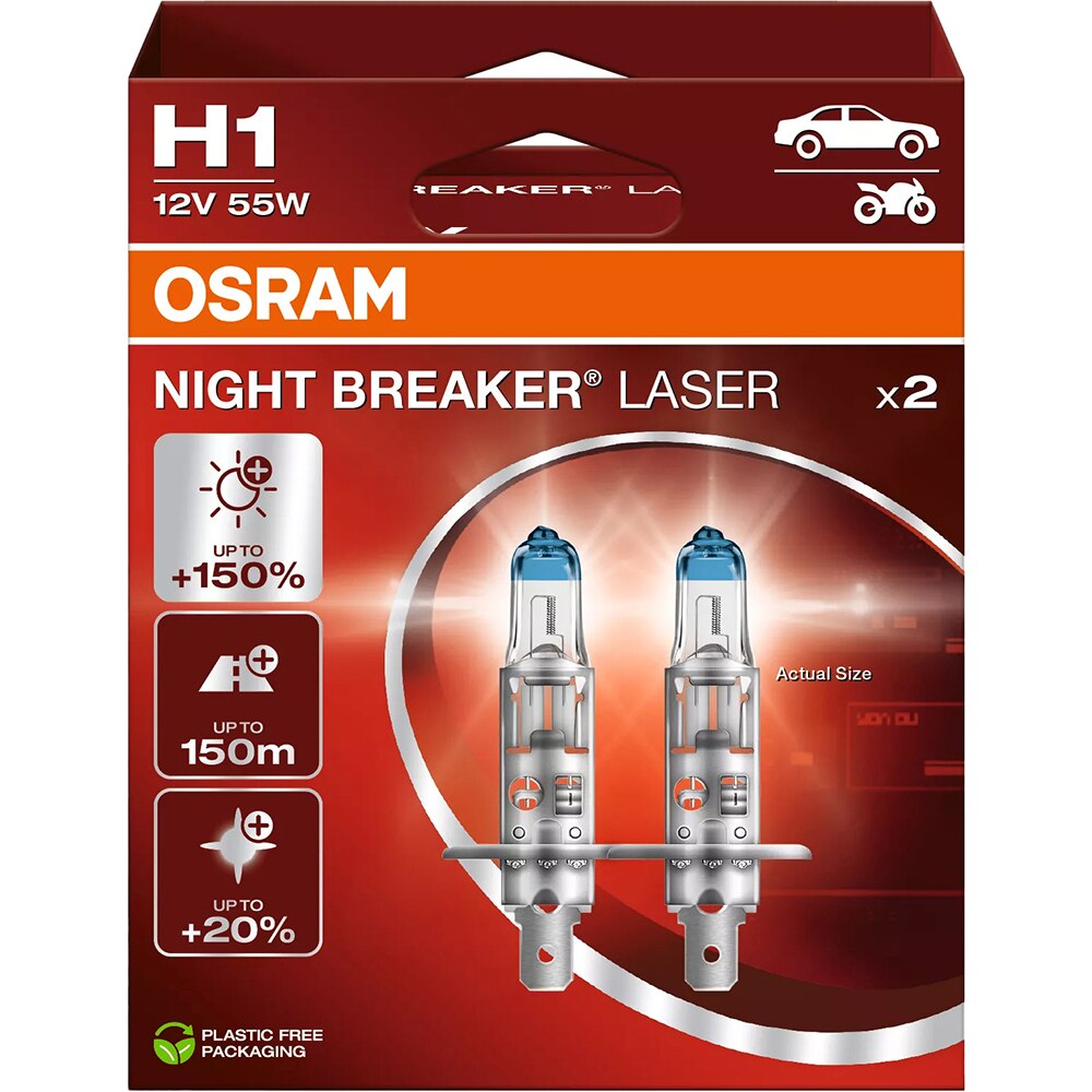 Bec auto Halogen OSRAM Night Breaker Laser, H1, 6000K, 55W, 12V, 2buc