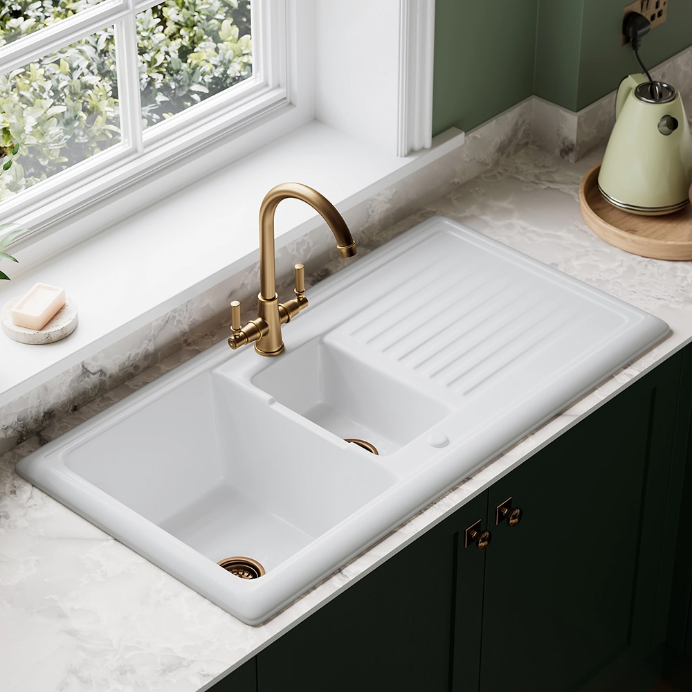 Chiuveta bucatarie Cooke & Lewis Burbank, 1 1/2 cuve, picurator reversibil, ceramica, alb