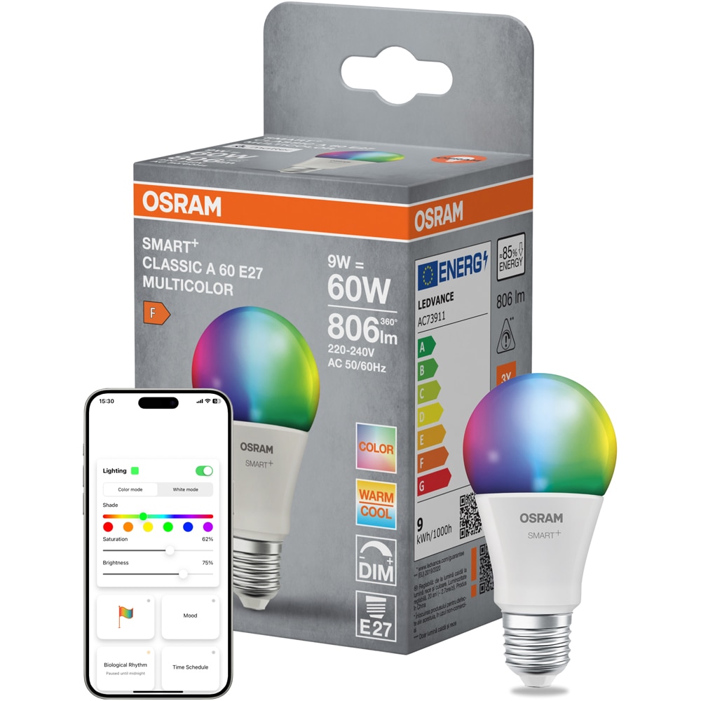 Bec LED OSRAM, RGB, Wi-Fi, E27, 9W, 806lm, lumina variabila