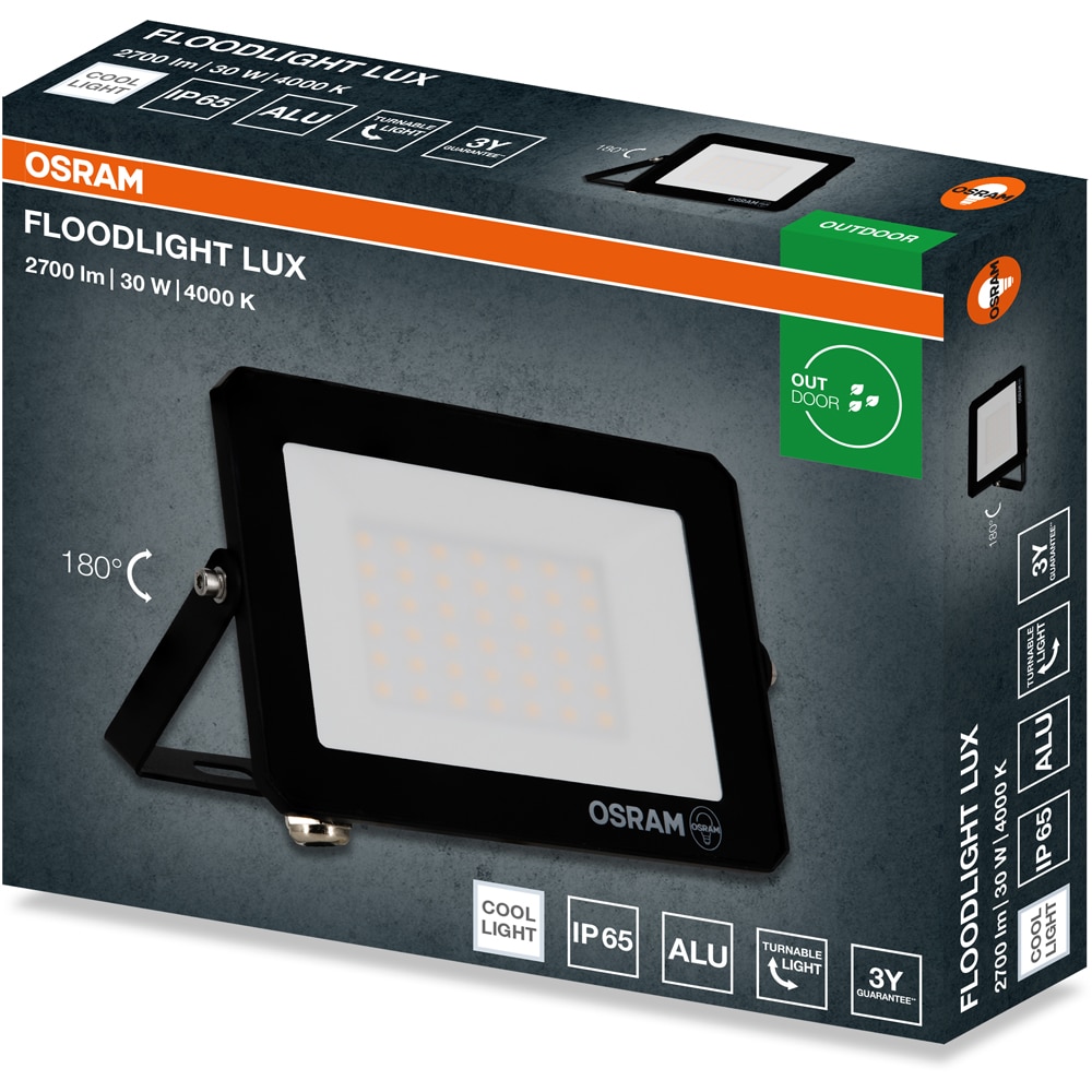 Proiector LED OSRAM Lux, 30W, 2700lm, 4000K, IP65, Negru
