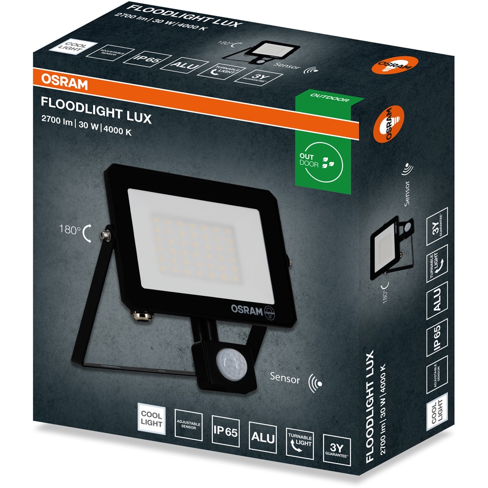 Proiector LED OSRAM, senzor PIR, 30W,2700lm, 4000K, IP65, Negru