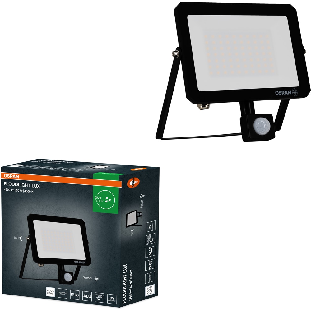 Proiector LED OSRAM Lux, senzor PIR, 50W, 4000K, IP65, negru