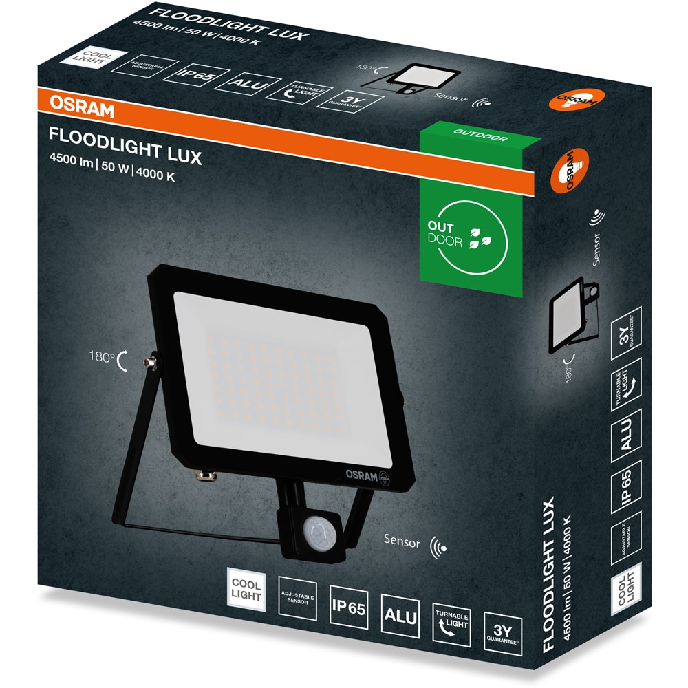 Proiector LED OSRAM Lux, senzor PIR, 50W, 4000K, IP65, negru