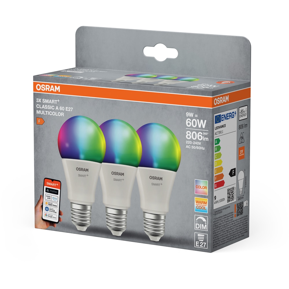 Set 3 becuri OSRAM, RGB, Wi-Fi, E27, 9W, 806lm, lumina variabila