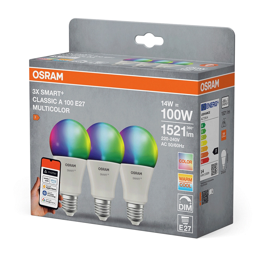 Set 3 becuri LED Wi-Fi OSRAM, E27, 14W, 1521lm, lumina variabila