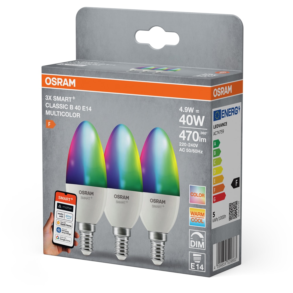Set 3 becuri OSRAM, RGB, Wi-Fi, E14, 4.9W, 470lm, lumina variabila