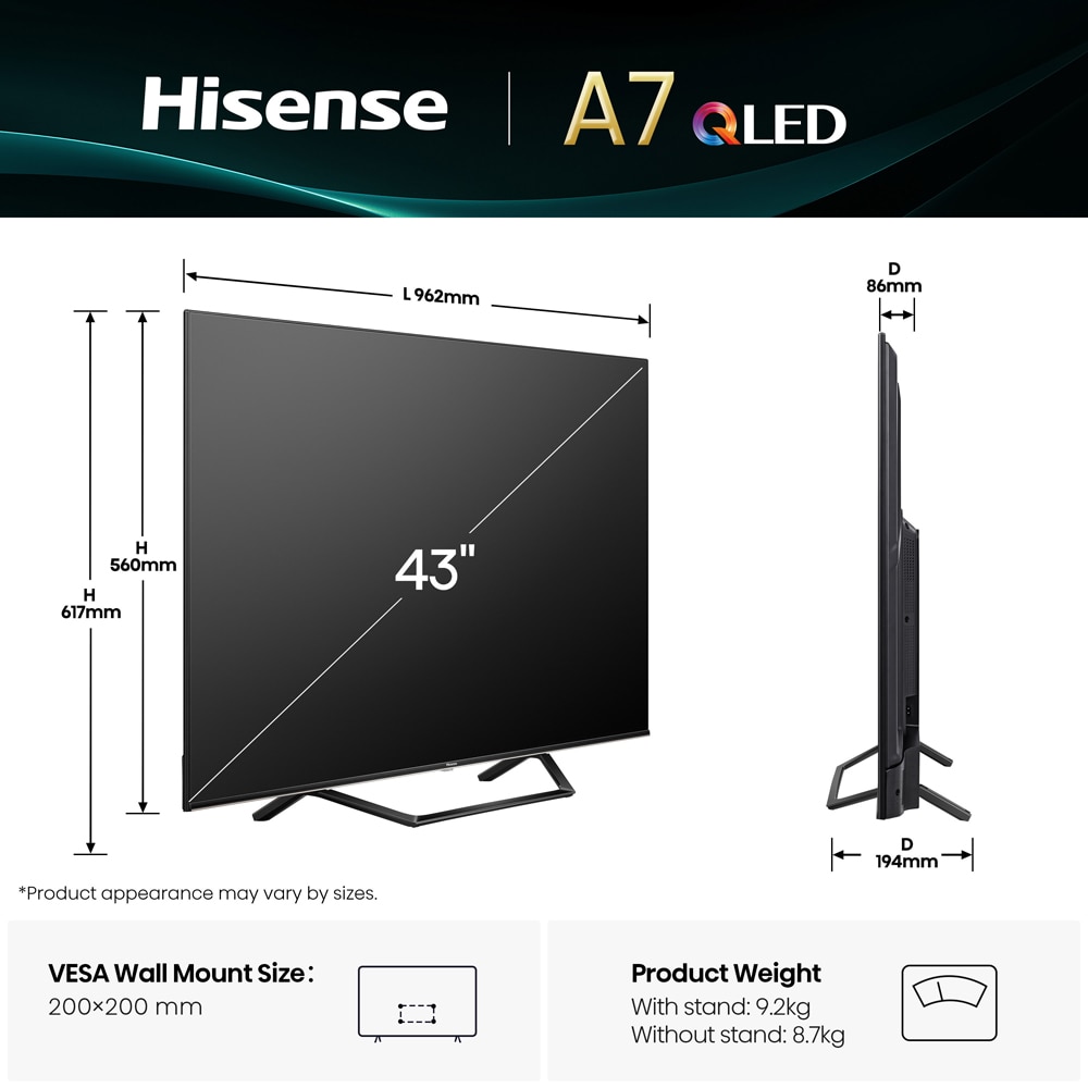 Televizor QLED Smart HISENSE 43A7Q, Ultra HD 4K, HDR, 108cm